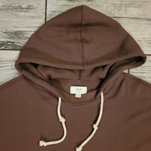 Aerie Women's M Brown waffle knit Hoodie oversized boxy loungewear athleisure - Picture 3 of 14